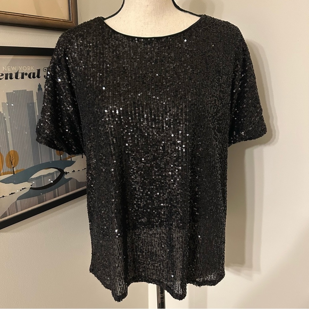 Melloday Black Sequin Short Sleeve Top | Size Large | Lined Party Blouse